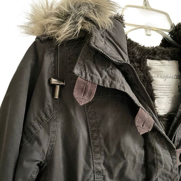 Aeropostale Y2K Utility Jacket Womens S Faux Fur Lined Hood Military Bomber Gray - Picture 7 of 13